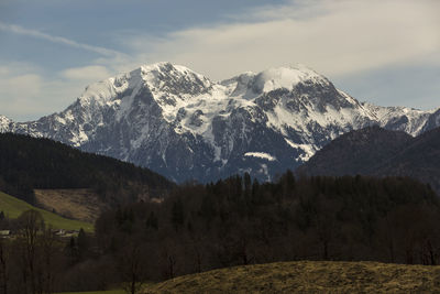 Snowy mountain panorama in bavarian alps, springtime