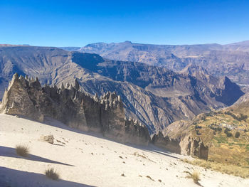 Scenic view of mountains against clear blue sky