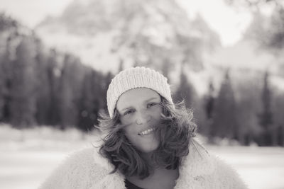 Portrait of smiling woman during winter