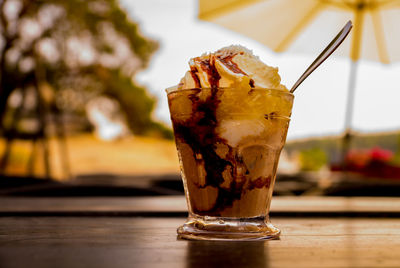 Close-up of ice cream on table