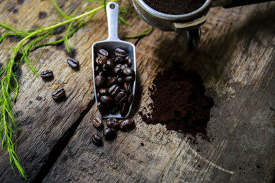 High angle view of coffee beans on table
