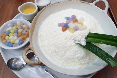 High angle view of breakfast on table