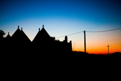 Low angle view of silhouette buildings against clear sky at sunset