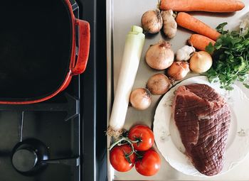 High angle view of ingredients on kitchen counter