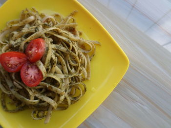 High angle view of pasta served on table