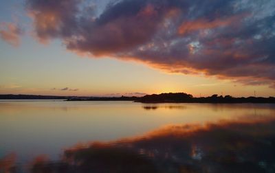 Scenic view of lake against dramatic sky during sunset