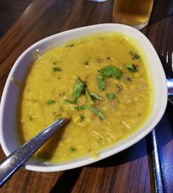 Close-up of soup in bowl on table