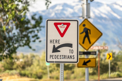 Close-up of road sign against trees