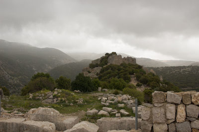 Scenic view of mountains and castle ruins against sky. nimrod castle in golan heights. 