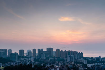 City buildings against sky during sunset