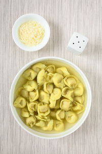 High angle view of pasta in bowl on table
