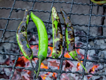 Close-up of green chilies on barbecue grill