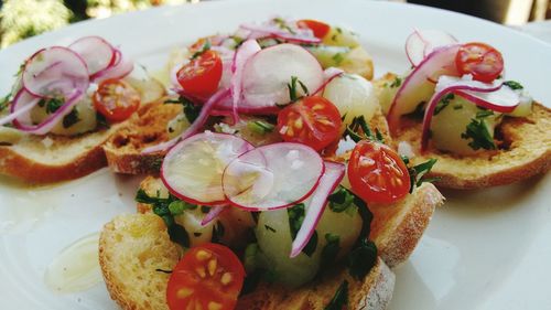 Close-up of bruschetta bread with toppings