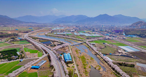 High angle view of cityscape against sky