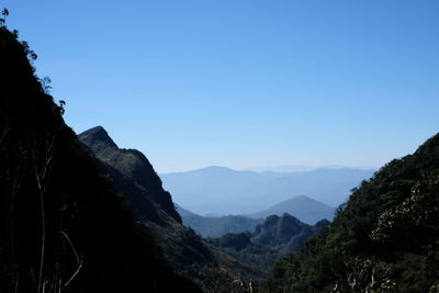 Scenic view of mountains against clear blue sky