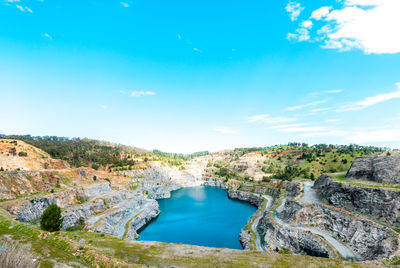 Scenic view of river against blue sky