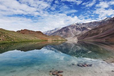 Scenic view of lake and mountains against sky