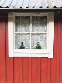 Bird perching on window of building