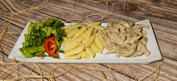 High angle view of meal served on table