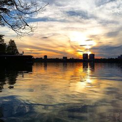 Reflection of trees in water at sunset