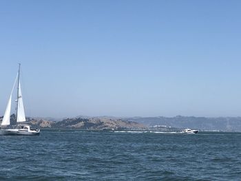 Sailboats sailing in sea against clear sky