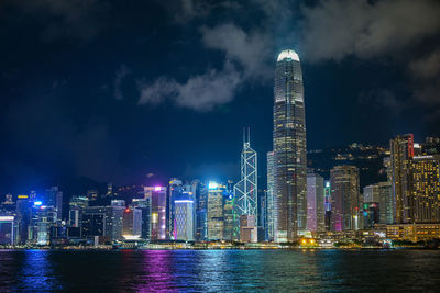 Illuminated buildings in city against sky at night