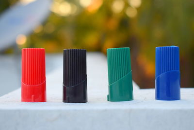 Close-up of multi colored pencils on table