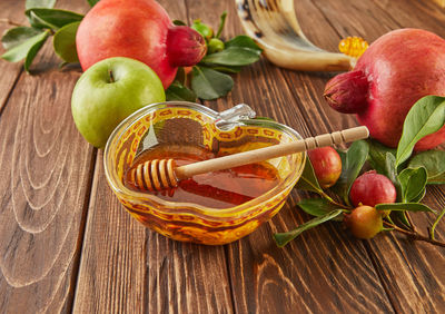 High angle view of apples in basket on table