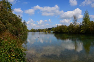 Scenic view of lake by trees against sky