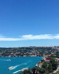 Aerial view of city by sea against blue sky