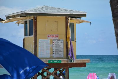 Close-up of lifeguard station against sea