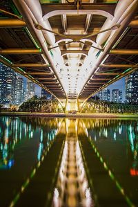 Illuminated modern bridge in city at night