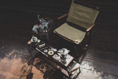 High angle view of camera on table