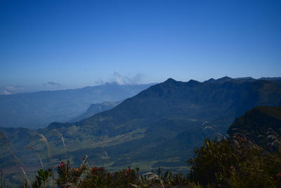 Scenic view of mountains against clear blue sky