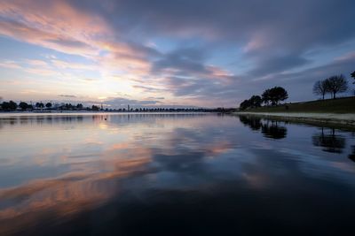 Scenic view of lake against sky at sunset