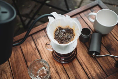 High angle view of coffee on table