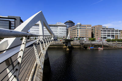 Bridge over river in city against clear sky