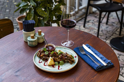 High angle view of food served on table