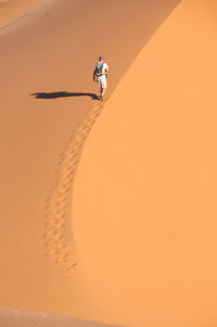 High angle view of man walking at sandy desert