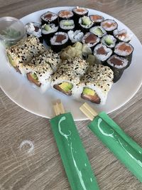 High angle view of food in plate on table