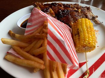 High angle view of food served in plate