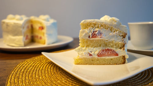 Close-up of cake in plate on table