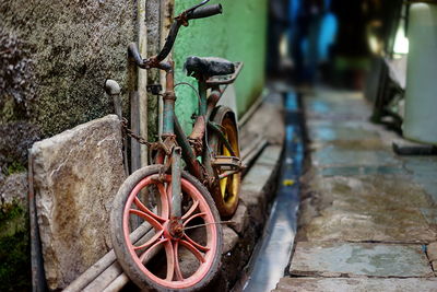 A childrens bike in the slum of dharavi in mumbai, india.