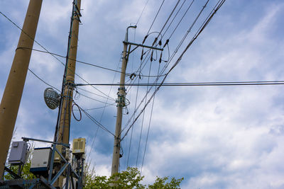 Low angle view of electricity pylon against sky