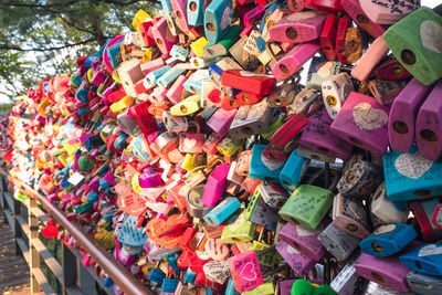 Close-up of multi colored umbrellas