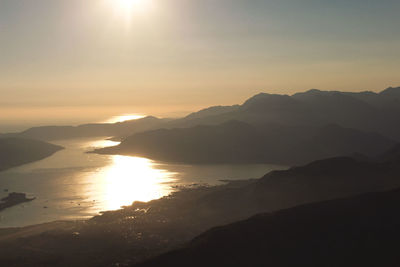 Scenic view of sea and mountains against clear sky