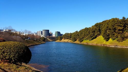 Scenic view of river against clear blue sky