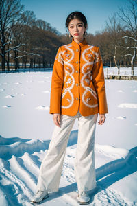 Portrait of young woman standing on snow covered field