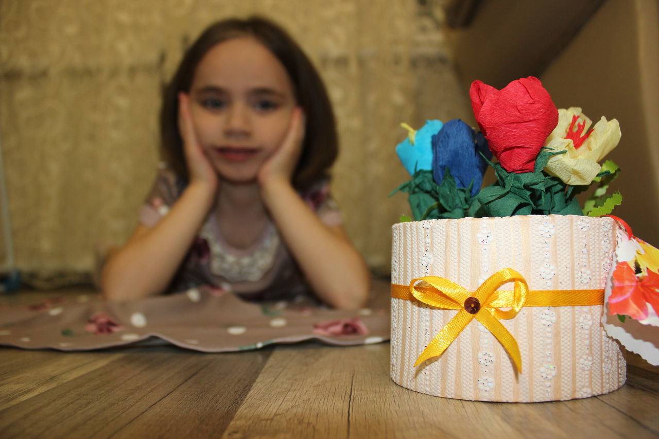 celebration, table, indoors, front view, one person, close-up, gift, people, day