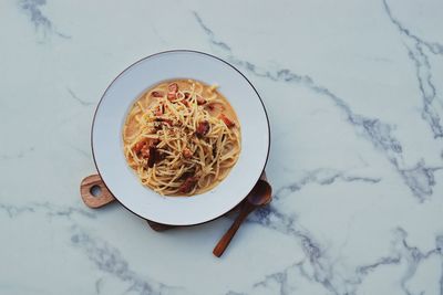 High angle view of meal served on table